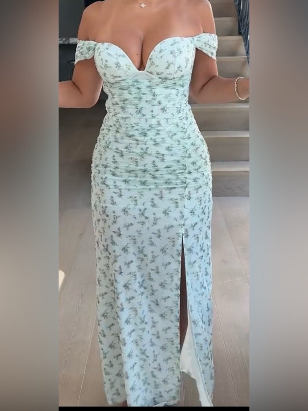 Mint Green Floral Off-Shoulder Midi Skirt with Front Slit